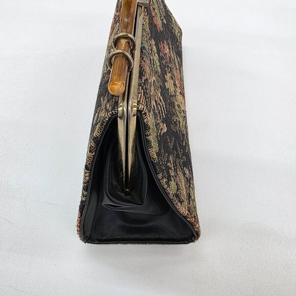 Vintage Floral Tapestry Purse Top Handle Bag Bamboo Style Frame Kiss Lock 1950s - Picture 4 of 12